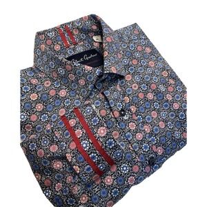 Robert Graham Men's M Tailored Fit Blue Floral Flip Cuff Long Sleeve Shirt